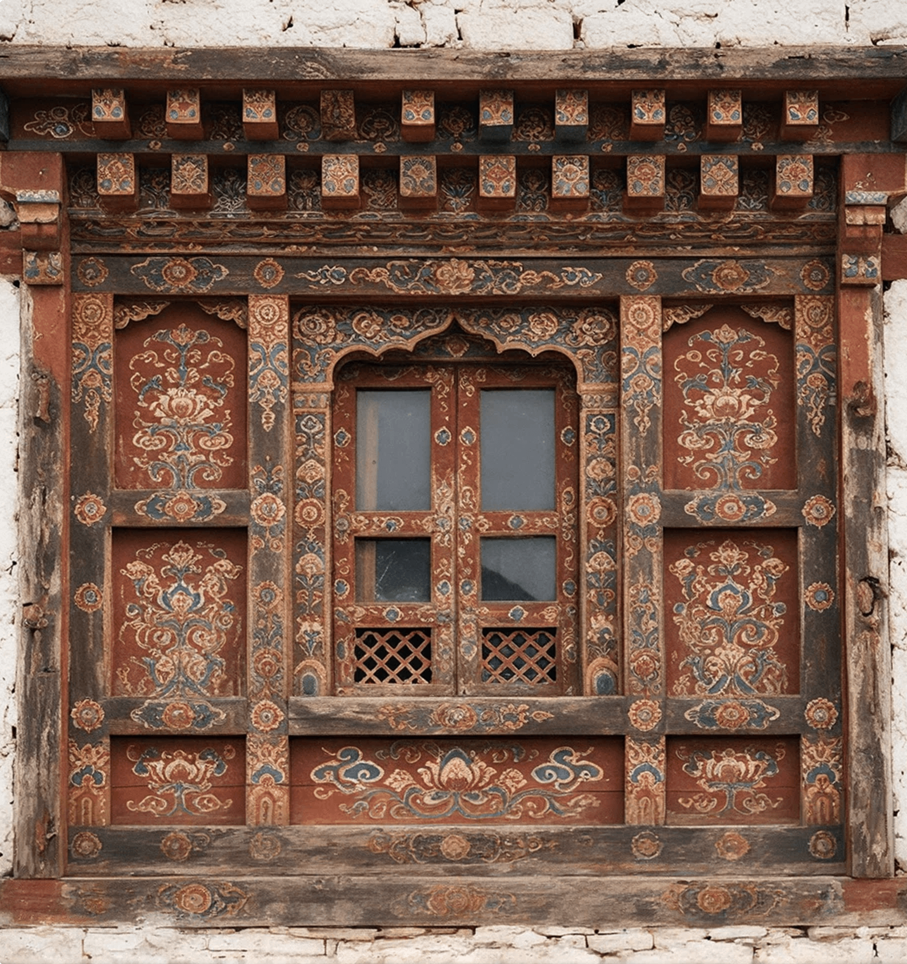 A traditional Bhutanese carved and painted window